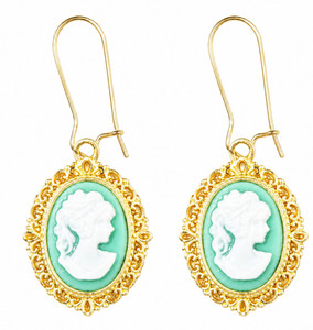Authentic Cute Flower Lady Cameo Vintage Style Green Gold Plated Drop Dangle Earring 1489