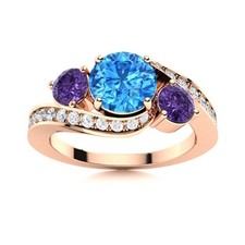 Swiss Blue Topaz  Amethyst 5MM Round 925 Silver Rose Plated Three Stone Ring