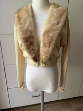 Vintage Fur Collar Cardigan Cream Rhinestone - Size XS