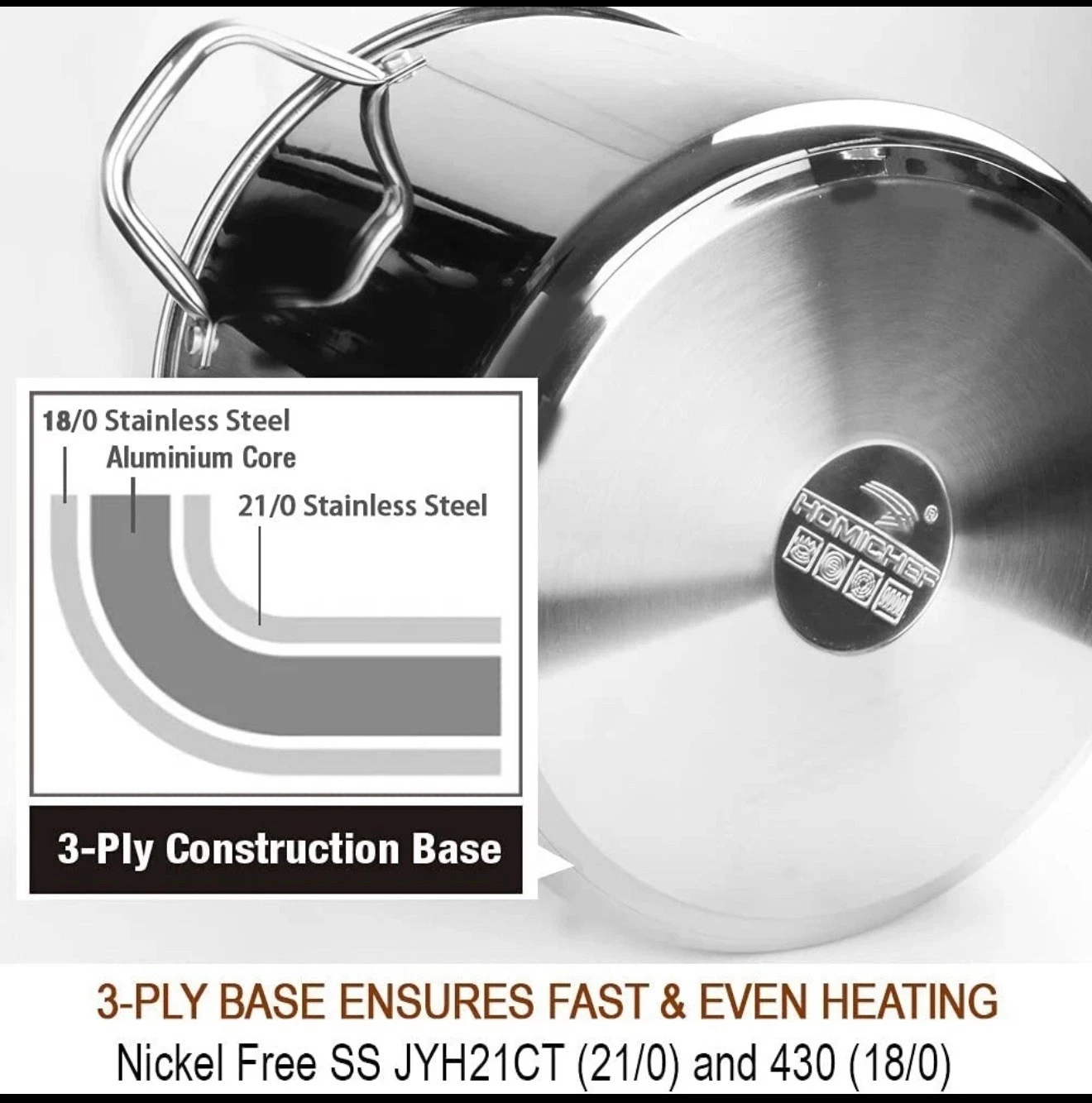 HOMICHEF Large Nickel Free Stainless Steel Stock Pot with Lid (28 cm, 15 Litre)