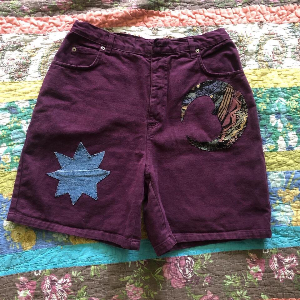 Unique celestial sun moon patchwork denim shorts … - image 2