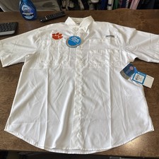 NEW Columbia PFG Clemson Tigers Mens Medium White Vented Fishing Shirt UPF 40