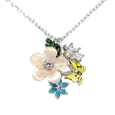 925 Sterling Silver Necklace Flower Mother Of Pearl Gemstone Enamel Flower 16in
