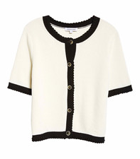 Veronica Beard Lightweight White Knit Cardigan Black Trim Button Short Sleeve M