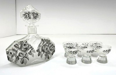 Antique Bohemian Glass Liqueur Set Decanter Schwarzlot Novy Bor Art Deco Floral