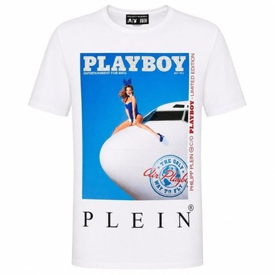 PHILIPP PLEIN x PLAYBOY Magazine Amanda Booth Plane Crystal T-Shirt White Blue