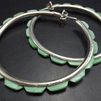 FEDERICO JIMENEZ Sterling 925 GREEN TURQUOISE OUTSIDE INLAY 2.25" HOOP EARRINGS - Image 1 of 4