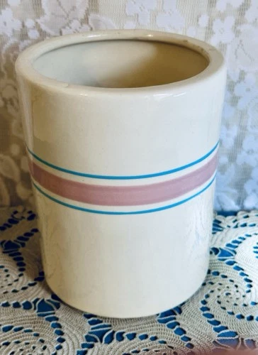 Nelson McCoy Pottery 6 5/8th Inch Blue and Pink Stripes Utensils Canister #4099