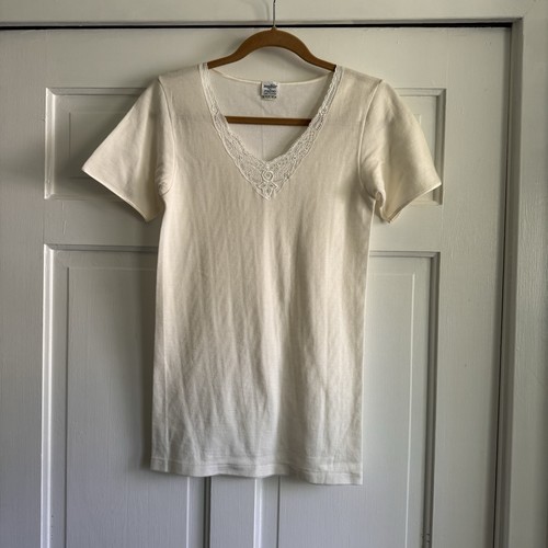 Zephir by Ragno Cream Lace-Trim V-Neck Short Sleeve Tee