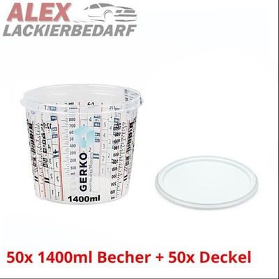 50x 1400ml GERKO Mischbecher + Deckel Meßbecher mit Skala Autolack