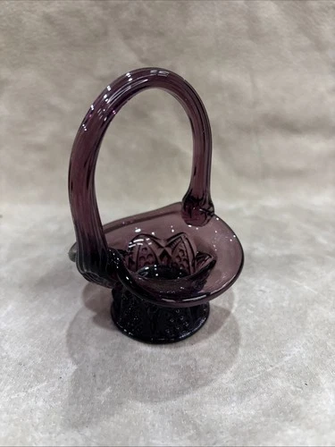 Fenton 4” Amethyst Mini Basket; Button & Arch Design