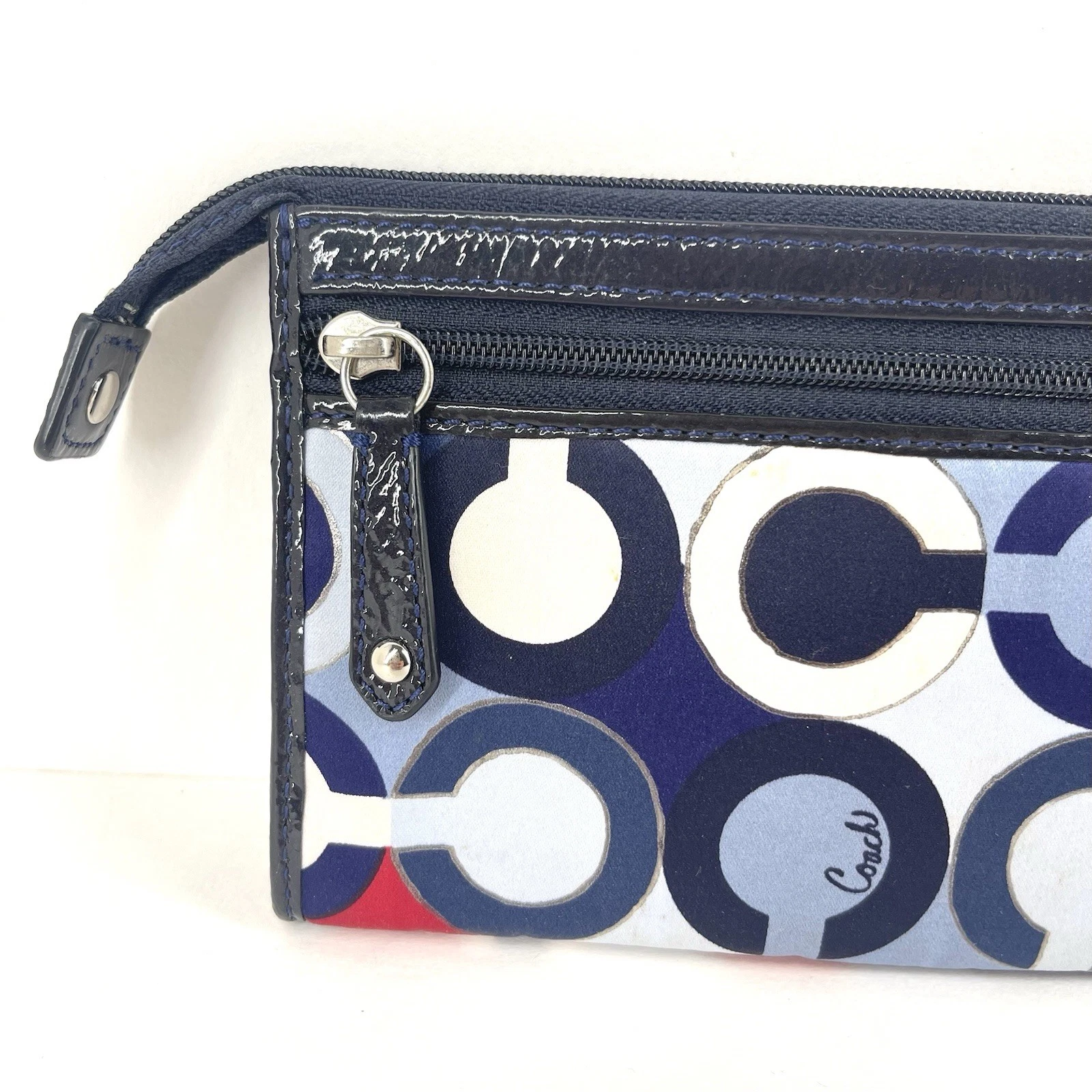 Coach Madison Op Art Portafoglio Doppia Zip Blu Plissettato Portafoglio Y2K Carrozza