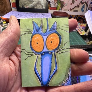 ACEO Highly Rico original drawing Cartoon Cat Ink Drawing 2.5x3.5"