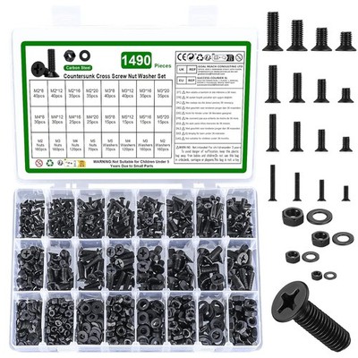 1490pcs M2 M3 M4 M5 Flat Head Screws Nuts Washers Kit Phillips Black Assortment