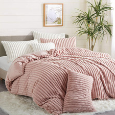 Fluffy Faux Fur Duvet Cover King Size Velvet Flannel Blush Pink Striped Reversib