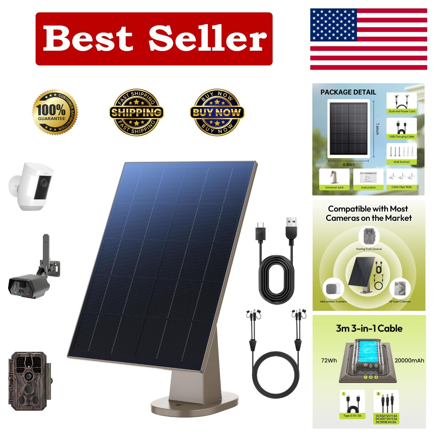 High-Capacity Solar Panel with Built-in Battery - Perfect for Security Cameras