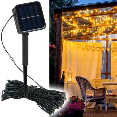 Lunartec Solar-Lichterkette, 100 warmweiße LEDs, 8 Modi, 12 m, Dämmerungssensor