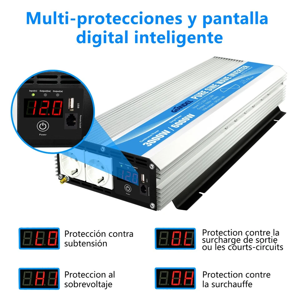 Inversor de energía de onda sinusoidal pura 3000W DC 12V a AC 220V 230V GIANDEL - Imagen 4 de 4