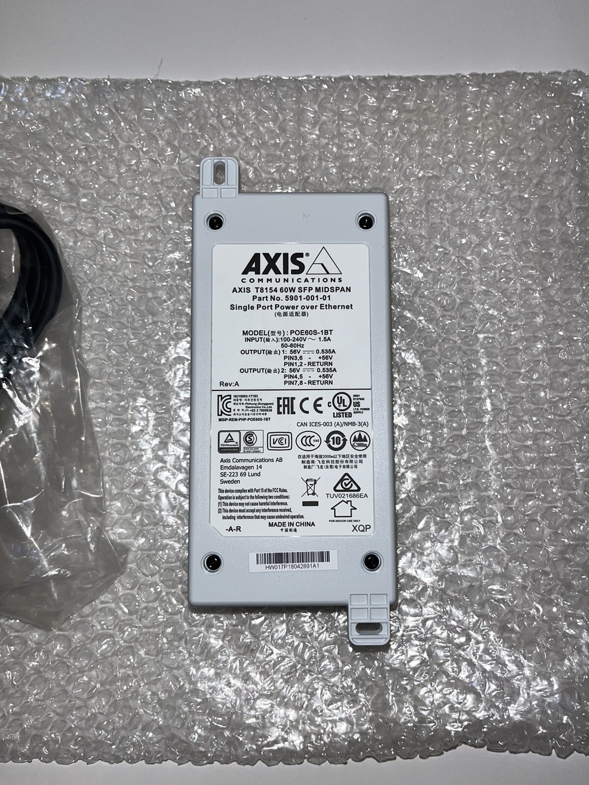 AXIS COMMUNICATION T8154 60W SFP MIDSPAN 5901-001-01 POE60S-1BT 56V NEW