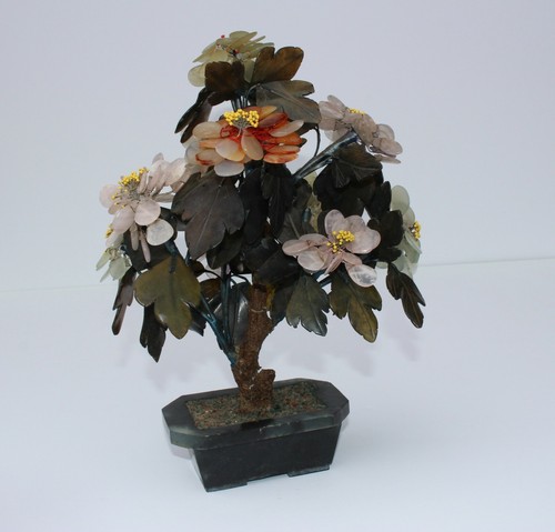 Vtg Chinese Carved Gemstone Flowers / Tree Jade, Carnelian, Rose Quartz 12" - Picture 5 of 11