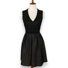 Monique Lhuillier Black Fit & Flare Regina Dress Lace V-Neck Metallic Size 6