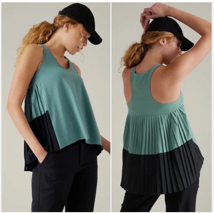 Athleta Swing Forward Pleated Tank Top XS Extra Small Deep Ocean Teal Black