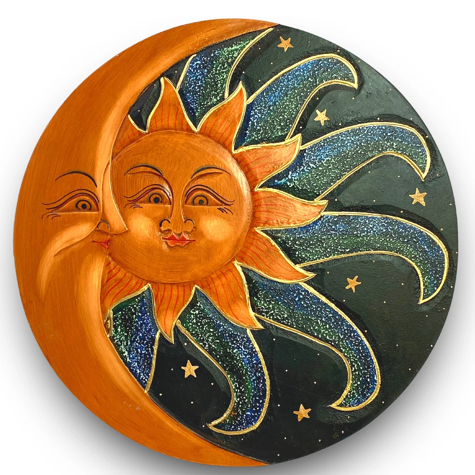 Escultura de pared Sun & Moon Sunburst arte bali tallado a mano pintado azul verde Foto 4 de 4