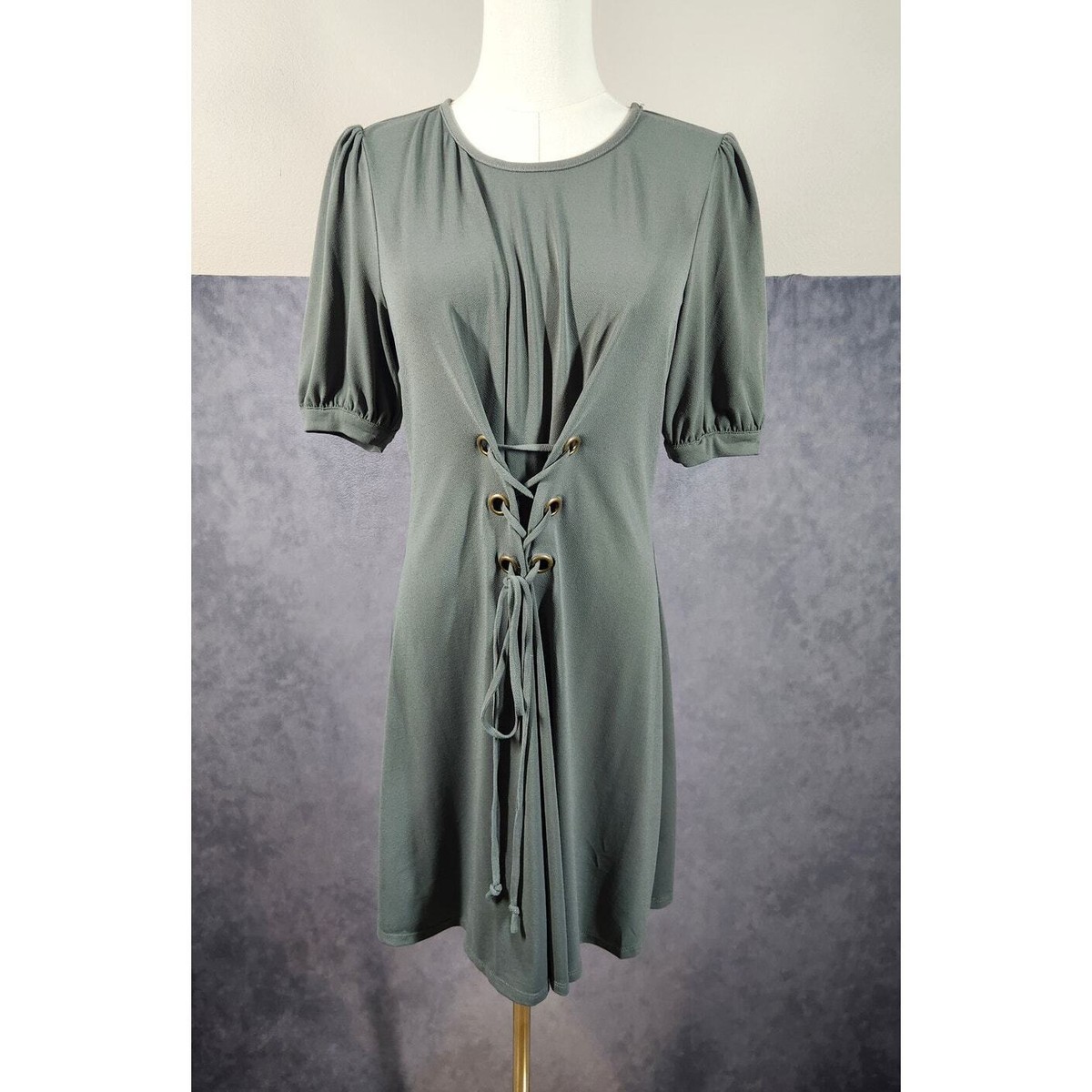 BCBG Mid Length Dress Size Small Lace Up Front Tie Waist Sage Green Shift |  eBay