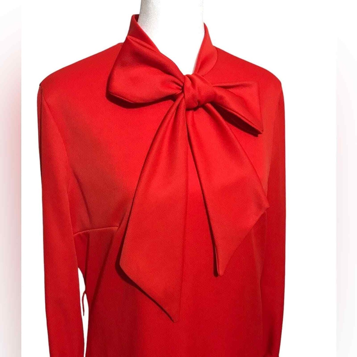 Vintage 1960 Red Pleated Bow Tie Long Sleeve Drip Waist