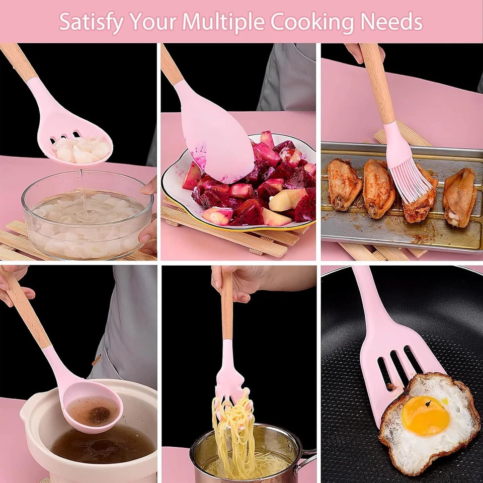 Juego de utensilios de cocina de silicona 20 piezas cucharas y espátula de cocina de madera para cocinar Foto 3 de 4