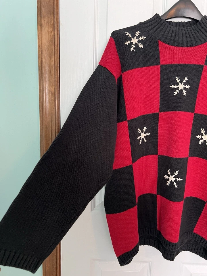 Liz Claiborne Black And Red Check Snowflake Sweater XL - Image 3 of 4