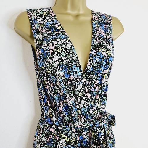 NEU Ex Dorothy Perkins 10-18 Jumpsuit vorne Wickeloptik Blumendruck Gürtel schwarz - Bild 2 von 7