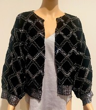 VINTAGE 80's Black  Silver Metallic Sequin Cropped Sparkle Evening Jacket Sz M