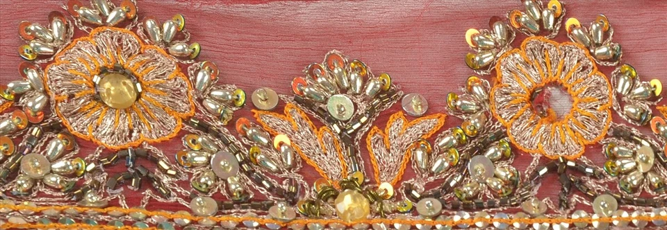 Sanskriti Vintage Saree Border Hand Beaded 1Yd Trims Decor Lace 2"W Maroon - Image 3 of 4