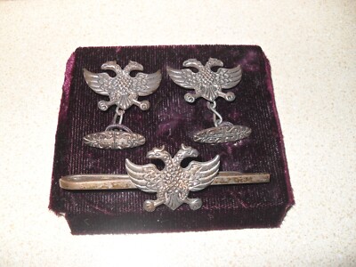 Vintage Antique Sterling Silver Double Head Eagle Cuff Links Matching Tie Bar
