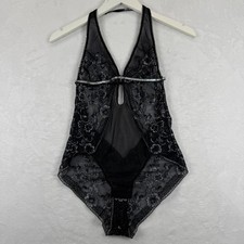 Body de peluche Victoria's Secret muy sexy negro encaje plateado metálico halter S