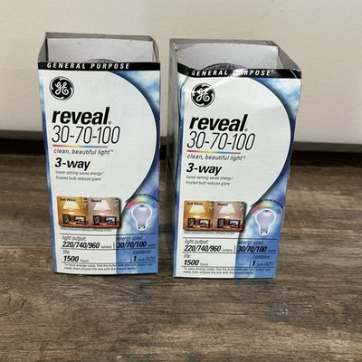 Two (2) Original GE Reveal 30-70-100  220/740/960 Lumens 3-Way A21 48711 Tested 