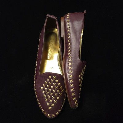 NEW- Joan & David Flats Womens 6.5 B Burgundy Leather Slip On Gold Cross Stitch
