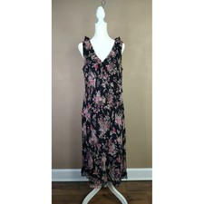 Ann Taylor LOFT Black Floral Ruffle V-Neck Midi Dress Womens 12 Sleeveless Zip