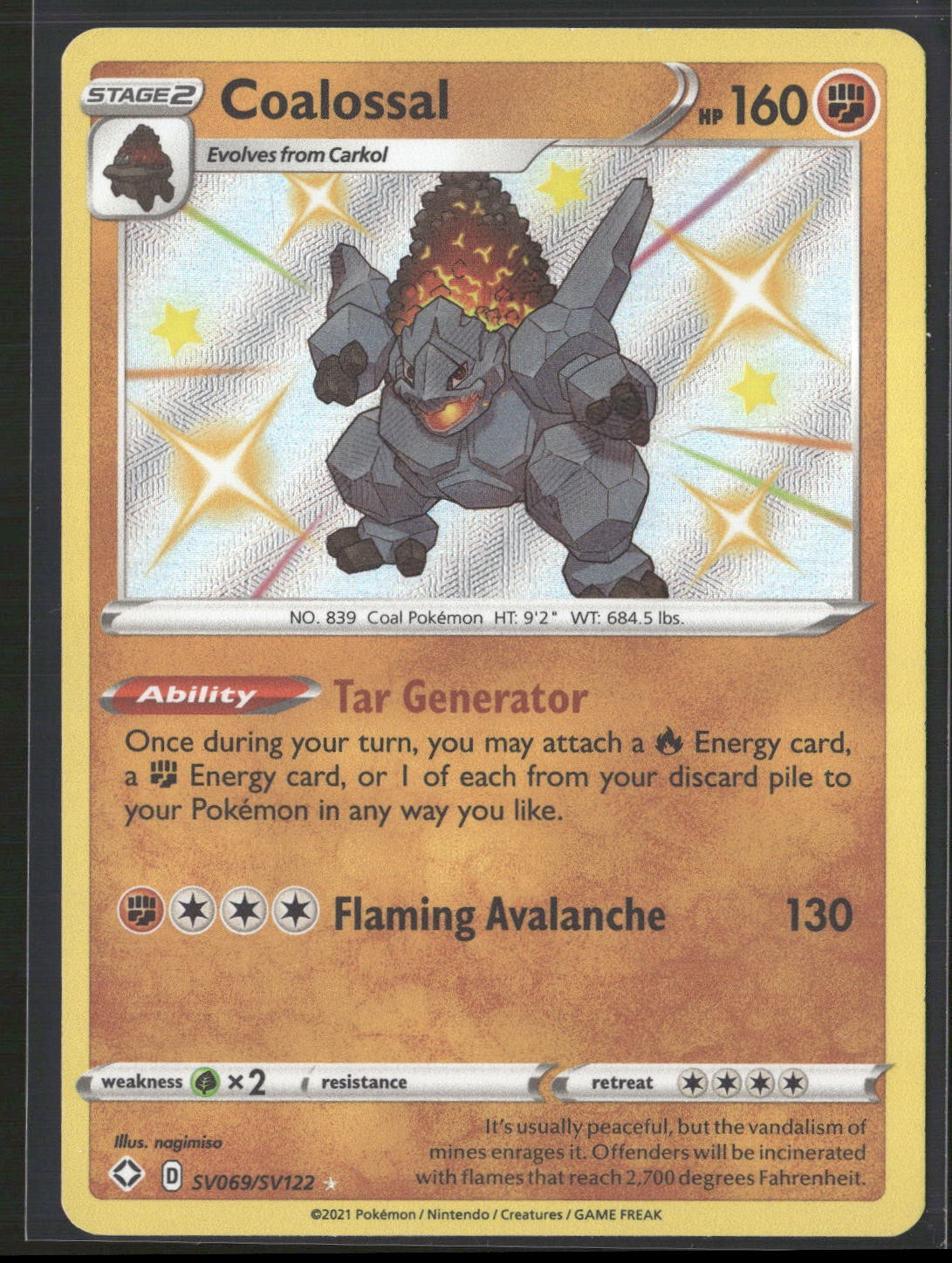 Coalossal Holo Shiny Holo Rare Shining Fates: Shiny Vault SV069/SV122 NM