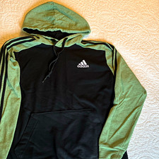 adidas Men  s Black/Green Pullover Hoodie Fleece Polyester Logo Pockets M