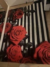 Super Soft, Red Rose Rug With Black And White Stripes