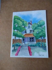 ACEO Original Landscape Mountain Forest Cottage House Miniature Art O 2