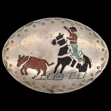 Calf Roping Horseback Cowboy Distressed Western Vintage Belt Buckle