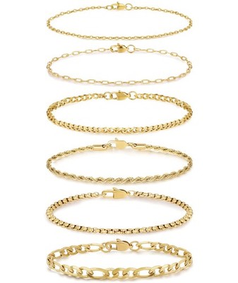 6PCS Stainless Steel Bracelets for Women Men,14K Gold Plated Cuban Link Pap - 01
