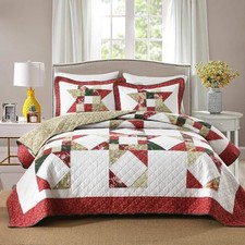 Cotton Quilt Bedding Sets 3 Pieces Soft Reversible King Red White Patchwork