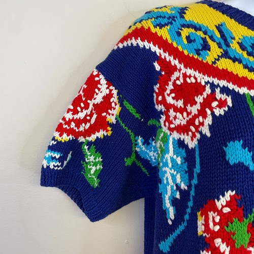 Vintage Womens MAXIMALIST Handknit Sweater Size L Blue BOLD Floral Short Sleeve - Picture 11 of 11