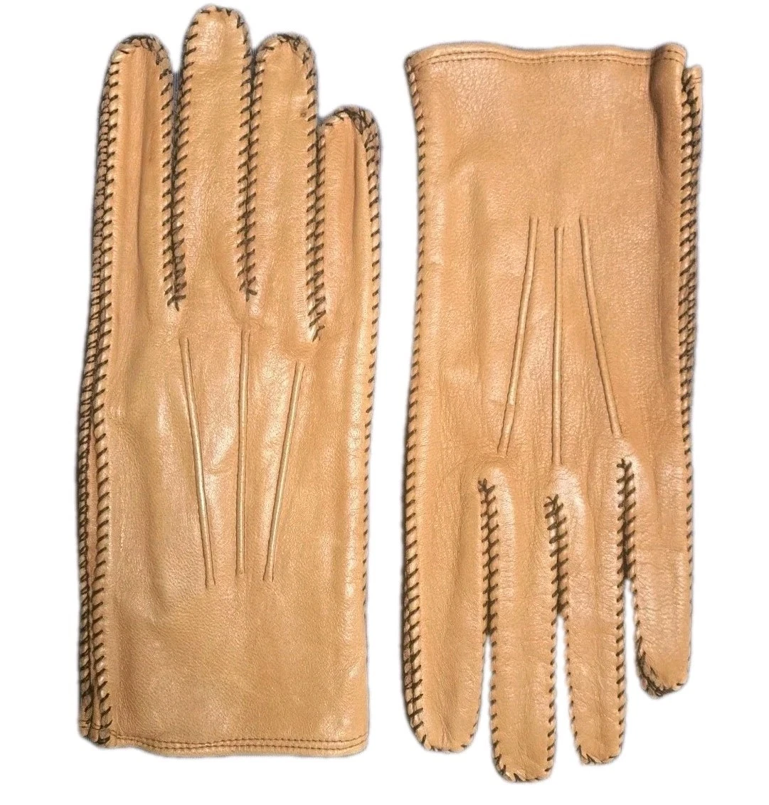 Vtg Deerskin Leather Driving Gloves Camel W/ Brown Contrast Stitching 60s Sz 6