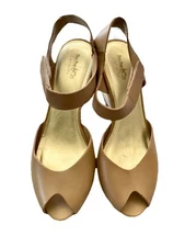Coach And Four Tan Leather And Cork Wedge High Heel Sandals Size 10M