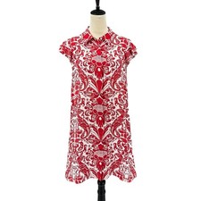 Alice + Olivia NWT Lg Jem Red White Print Soft Cupro Ruffle Sleeve Shirt Dress
